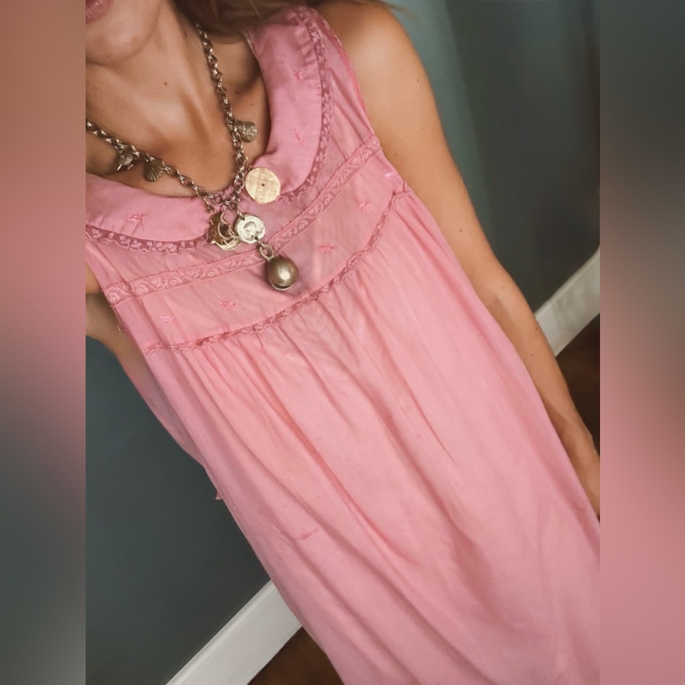 Vintage hand dyed pink Peter Pan collar Lace embroidered Midi slip Dress sz med